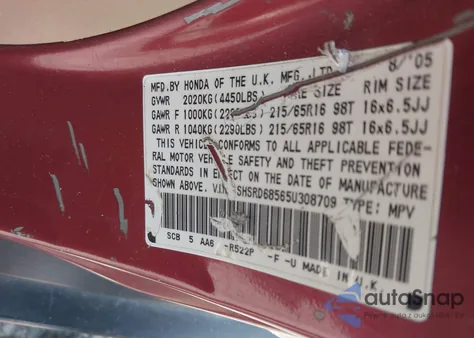 2005 Honda Cr-V Lx from USA, damaged, VIN SHSRD68565U308709